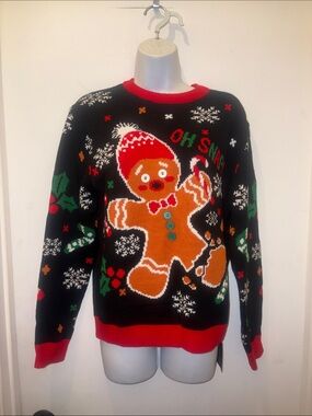 Black Gingerbread Novelty Holiday Sweater with Red Trim